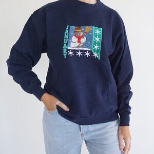 Vintage Jerzees Navy January Snowman Snowflake Winter Cotton Sweatshirt  M